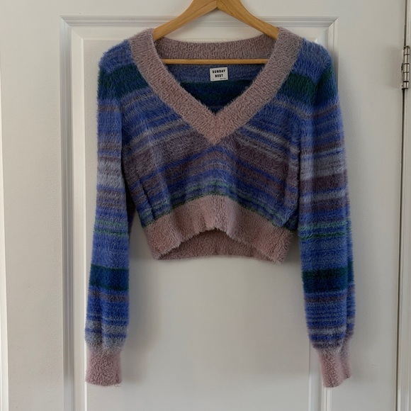 Sunday Best Sweaters - Sunday Best Fuzzy Striped V-Neck Sweater - Blue, Green, and Purple